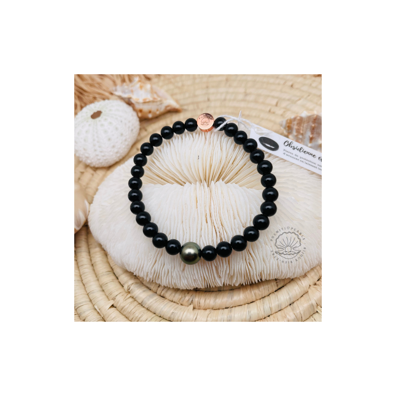 Bracelet Poemiti avec perles Obsidienne et perle de culture de Tahiti